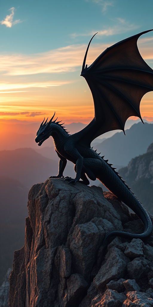 Create a high-resolution fantasy image of a powerful black dragon perched on a rocky cliff with mountains in the background during sunset, using a Canon EOS R5 camera at f/2.8, ISO 100, 1/500 sec, with a wide-angle lens at 24mm for dramatic depth of field and vibrant colors.