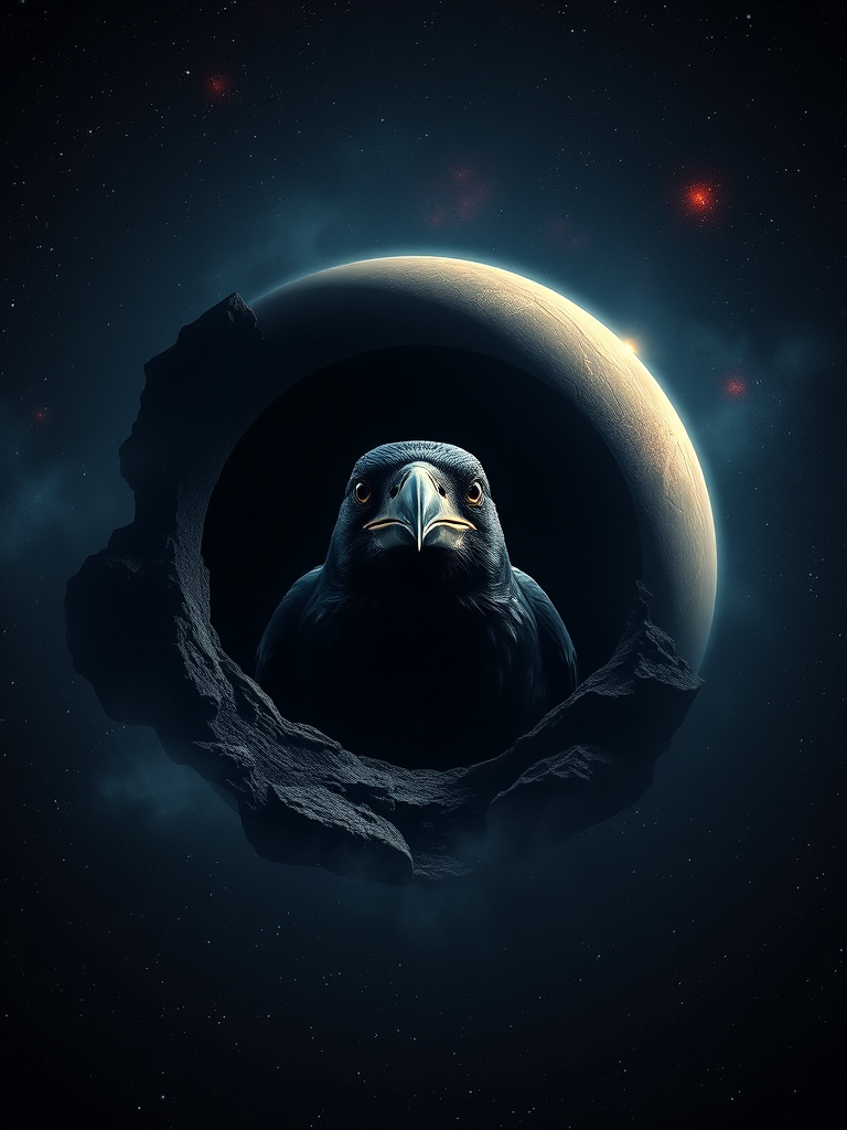 create an image of a dark, cosmic background with a large planet featuring a raven's head emerging from a hole, use a Canon EOS R5 camera, 24mm lens, f/2.8 aperture, ISO 100, 1/100 sec shutter speed, focus on vivid colors and sharp details in a HDR style