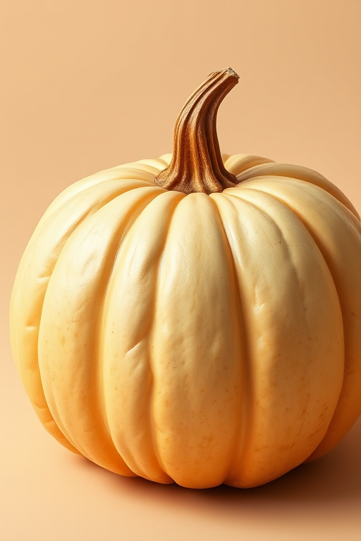 Create a highly detailed digital illustration of a pumpkin on a soft beige background, using a Canon EOS R6 with a 50mm lens, f/1.8 aperture, ISO 100, and soft natural lighting to enhance texture and color vibrancy.