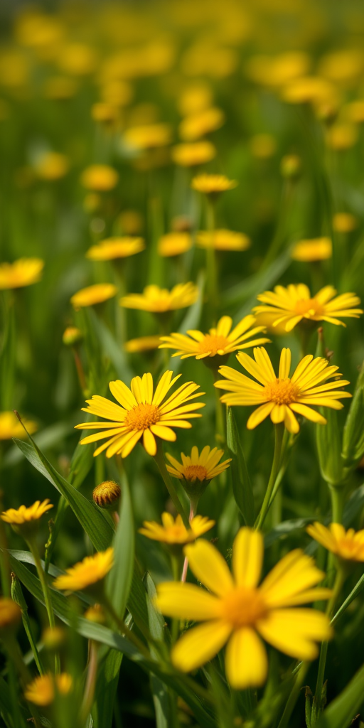 Close-up shot of vibrant yellow flowers in a lush green field, aperture f/2.8, shutter speed 1/500s, ISO 200, macro lens, natural light, DSLR camera.