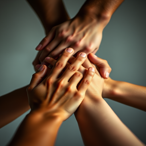 A close-up shot of diverse hands gently grasping each other in a soft, dramatic lighting setting, captured with a Canon EOS R5, 50mm f/1.4 lens, ISO 200, aperture f/2.8, shutter speed 1/125s, with a shallow depth of field and a neutral background to emphasize the hands.