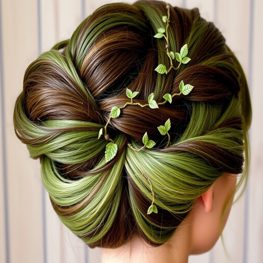 Enchanted Forest Twisted Updo incorporating various shades of green and brown, adorned with tiny leaf-shaped hair accessories and delicate vines woven throughout