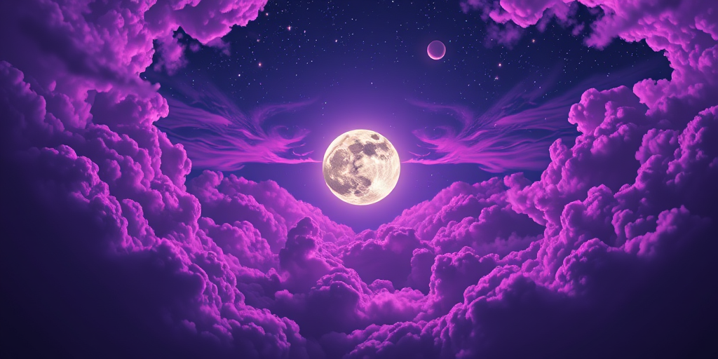 create a vibrant digital illustration of swirling clouds in shades of purple and lavender framing a bright full moon against a starry night sky with an ethereal glow, captured with a Canon EOS R5 at f/8, ISO 100, with a 24mm lens, in a high dynamic range style for enhanced clarity and depth.
