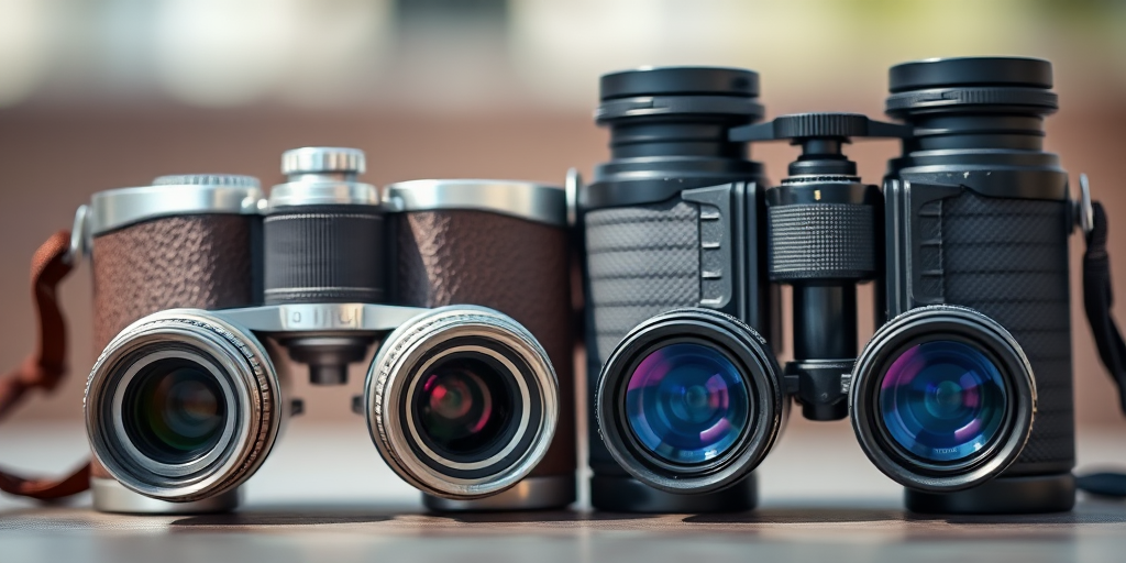 Regenerate an image of two vintage binoculars side by side, with a shallow depth of field, using a DSLR camera set to f/2.8 aperture, ISO 100, 50mm lens, natural lighting, and a slight tilt for dynamic composition.