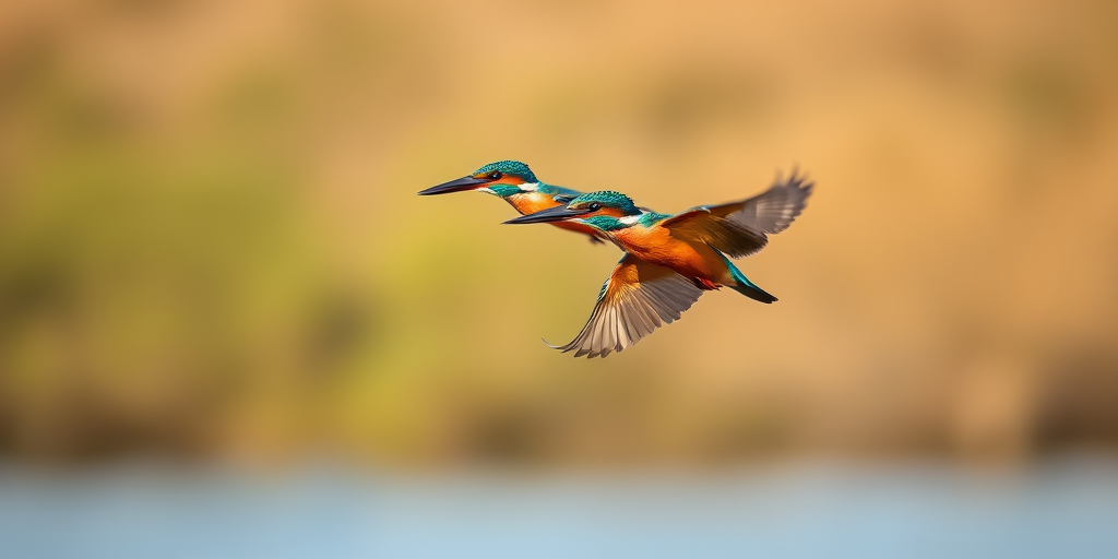 capture a dynamic shot of two kingfisher birds in mid-flight against a softly blurred natural background, using a Canon EOS R5 with a 100-400mm lens, f/5.6 aperture, 1/2000 shutter speed, ISO 800, shot from a low angle for an engaging perspective, utilizing a shallow depth of field to emphasize the vibrant colors of the birds while blurring the background.