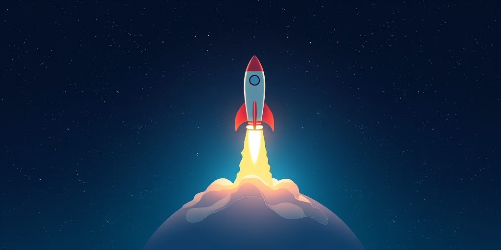 Create an illustration of a rocket launching into space from a circular planetary body, set against a deep blue starry sky, using a wide-angle lens, f/8 aperture, ISO 100, and soft focus to enhance the image quality.