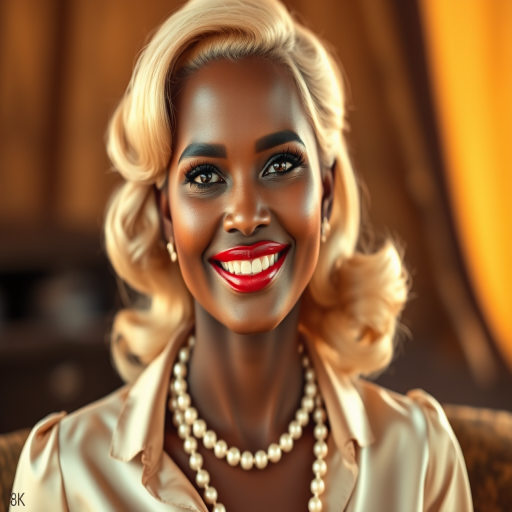 A beautiful Zulu woman reminiscent of 1950s Hollywood glamour, with perfectly styled blonde hair and a seductive smile, dressed in a satin blouse and adorned with pearls, soft and warm tones, photorealistic, 8K