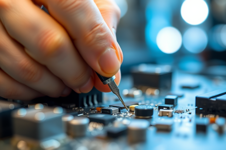 close-up shot of a technician soldering electronic components on a circuit board with focused lighting, depth of field, f/2.8 aperture, 50mm lens, ISO 200, natural light, macro photography