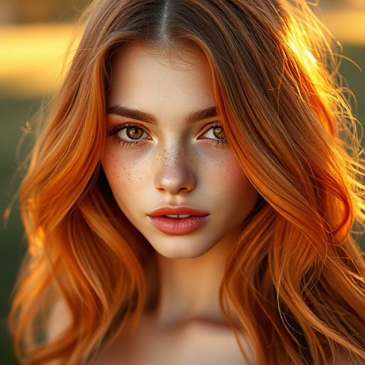 Radiant copper waves cascade down her shoulders, framing a delicate face with sun-kissed freckles, the "Autumn Sunset" style exuding warmth and vibrancy