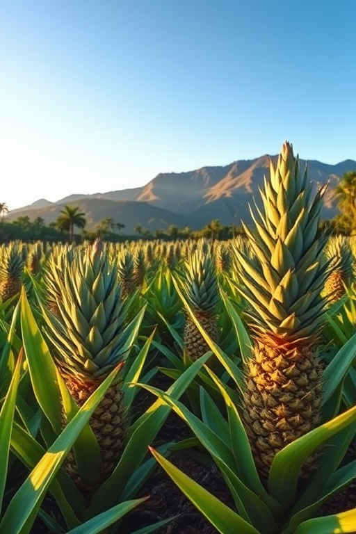 capture a lush pineapple field with a mountainous backdrop in soft morning light, use a wide-angle lens at f/11, ISO 100, shutter speed 1/250 sec, shooting from a low angle with a DSLR camera for vivid colors and sharp detail