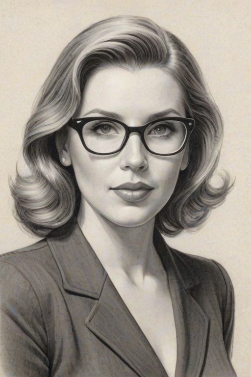 Delightful June Diane Raphael, pencil sketch, portrait of Lovely woman 1946s in glasses, hair style beatnik, outline, clear lines, fine lines, 8k