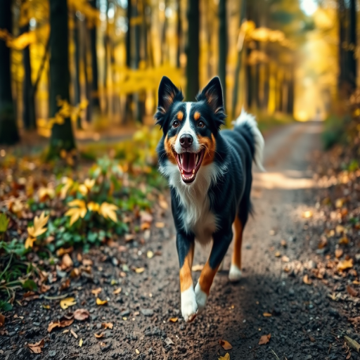 A happy Border Collie running on a forest trail during autumn, with soft natural lighting and a shallow depth of field, captured with a Canon EOS R5, 50mm lens, f/1.8, ISO 200, shutter speed 1/500s, taken at eye level for an engaging perspective.