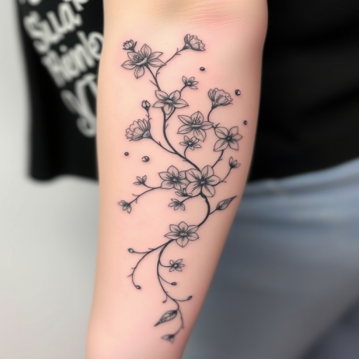 Fine line tattoo "Delicate Reverie" showcasing a detailed botanical illustration of intertwining vines and blossoms in delicate black linework with subtle grey wash shading