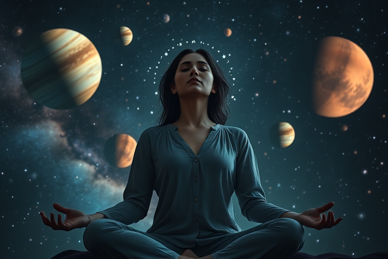 A serene woman meditating in space with planets and galaxies in the background, shot with a Canon EOS R5, 50mm lens, f/1.4 aperture, ISO 100, in low light conditions, utilizing a soft focus style to enhance ethereal qualities.