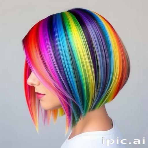 Rainbow prism locks transition through every hue of the spectrum, styled in a sleek geometric bob with sharp angles, celebrating diversity and creativity