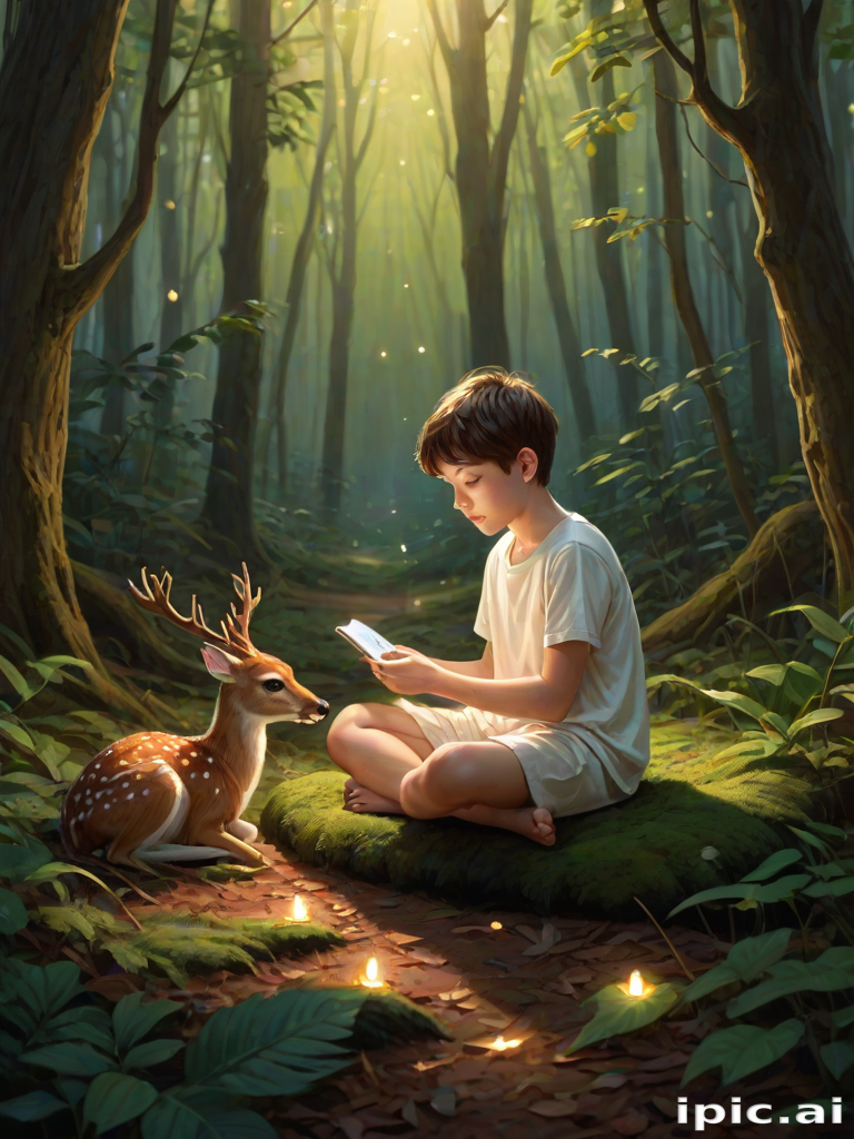A luminous digital painting of a serene forest scene featuring a barefoot young boy, about 7 years old, with brown hair and fair skin, dressed in a simple white outfit. He sits cross-legged on the forest floor, gazing at a small, glowing, magical firefly in his hand. Beside him, a delicate spotted deer lies calmly on a bed of dried leaves, observing the scene. The dense forest is bathed in warm, golden light filtering through the trees, creating a peaceful, magical atmosphere with a blend of natural and mystical elements.