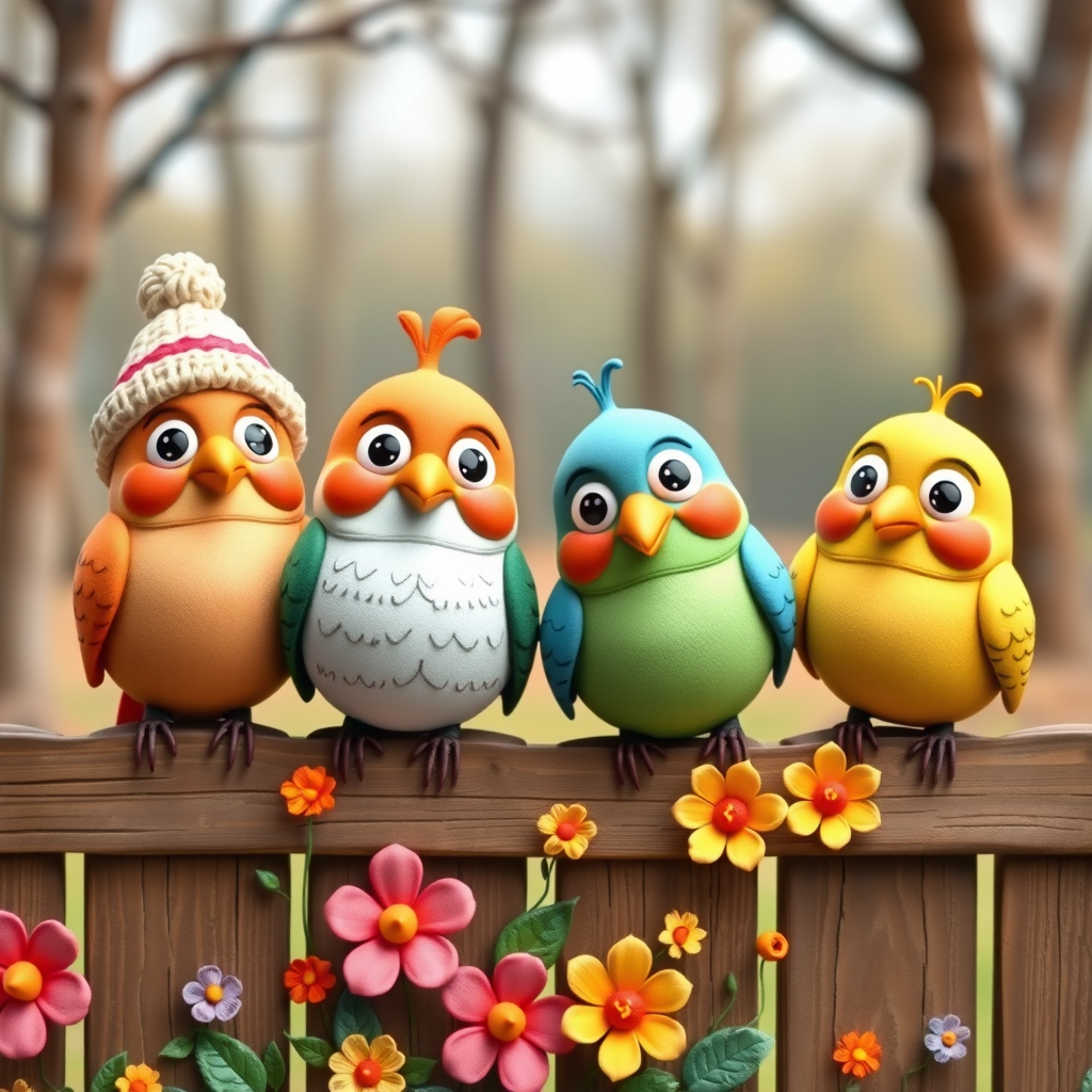 create a scene of 4 quirky  whimsical colourful comical birds each with a funny expression. they are sat on a wooden fence with colourful flowers. they are all different sizes. each one is a different colour  one is wearing a woolly hat. Each one has a different quirky google expression and there is a muted background of trees watercolour paintierly style high definition 8k resolution 3D paper mache