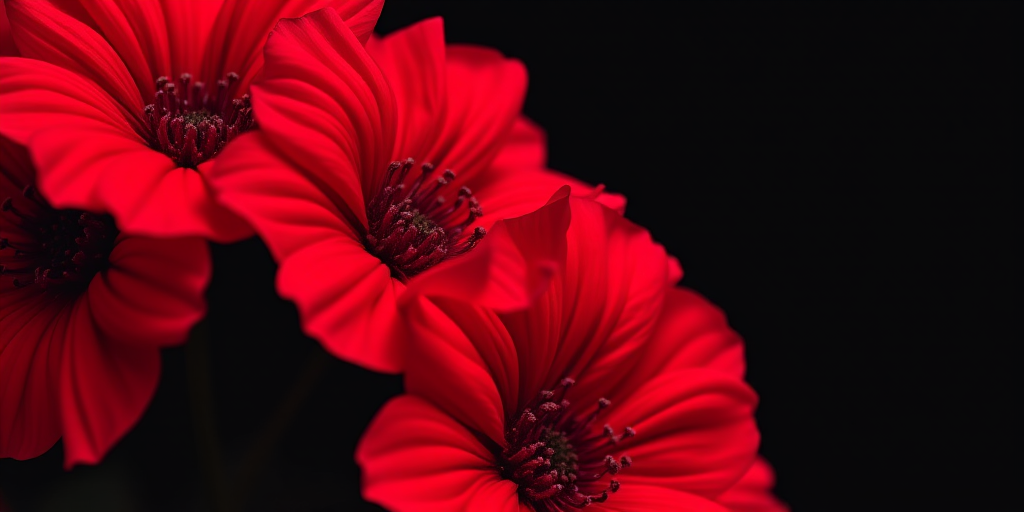 High-resolution close-up of vibrant red flowers with intricate details against a black background, shot with a Canon EOS R5 at f/2.8, ISO 100, 1/125s, using a macro lens to capture the texture and colors.