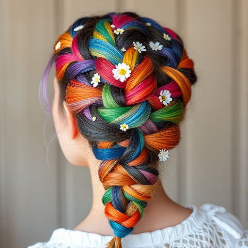 Bohemian Rainbow Braid showcasing an intricate, multi-colored Dutch braid incorporating all the colors of the rainbow, adorned with small flowers and delicate beads