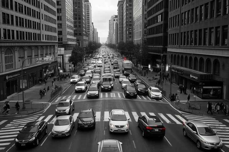Create a black and white cityscape image of a busy street intersection filled with cars and pedestrians, capturing a moment of urgency during rush hour, using a DSLR camera with a 50mm lens, aperture set to f/2.8, ISO 200, shutter speed 1/500s, taken from a slightly elevated viewpoint for depth and clarity.