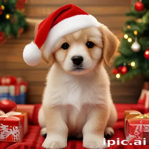 Adorable Puppy in Santa Hat Surrounded by Christmas Gifts and Decorations