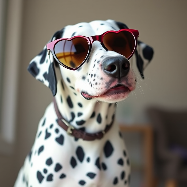 A stylish Dalmatian dog wearing heart-shaped sunglasses sitting indoors with a light background and a playful expression