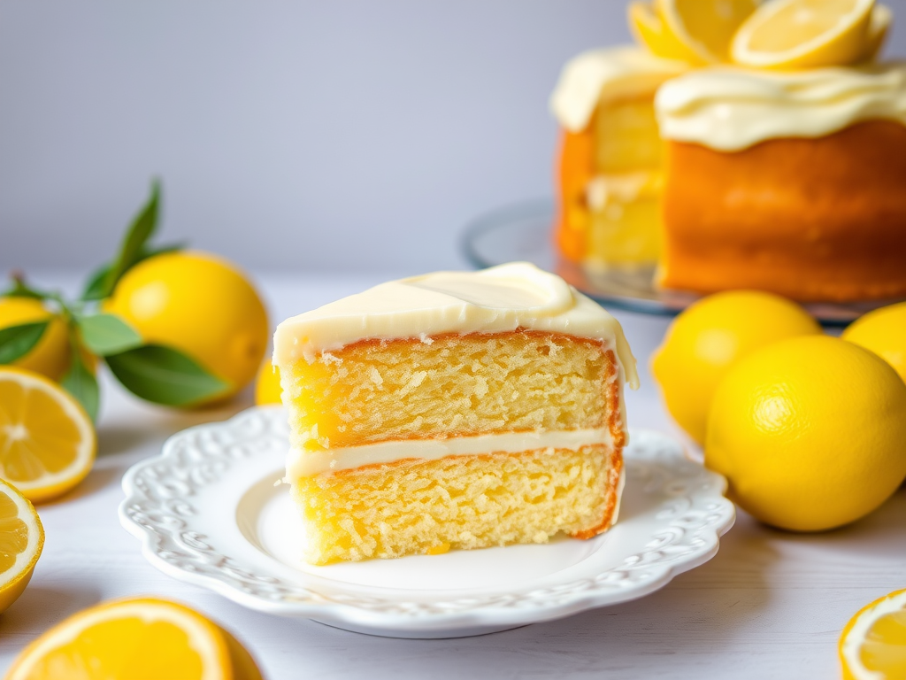 A delicious slice of lemon cake with creamy lemon frosting on a decorative white plate surrounded by fresh lemons and a whole lemon cake in the background. The scene captures a bright and fresh atmosphere perfect for a dessert display.