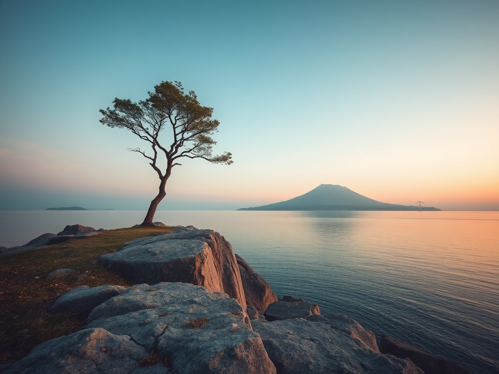 Create a serene landscape scene featuring a lone tree on a rocky outcrop overlooking a calm body of water with a distant mountain in the background, capturing soft pastel colors and gentle gradients in the sky, using a DSLR camera, focal length 50mm, aperture f/8, ISO 100, with a wide-angle view to enhance depth and clarity.