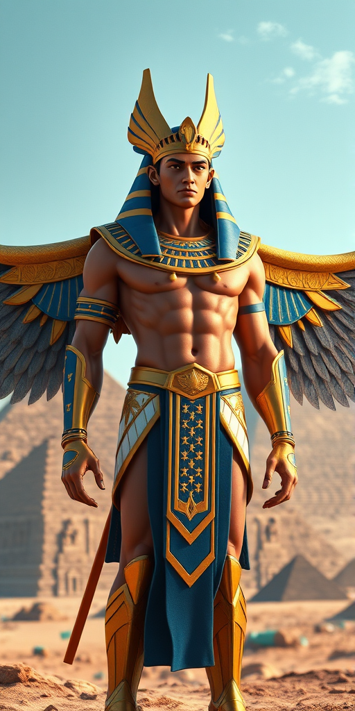 Create a high-resolution 3D render of an ancient Egyptian god with a muscular physique, large wings, and intricate gold and blue armor, positioned in front of pyramids, using a DSLR camera with a 50mm lens, aperture f/1.8, ISO 100, natural lighting, and a slightly low angle view for dramatic effect.