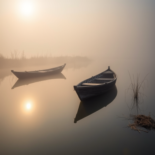 Create a misty scene with sunlit fog over a serene river, featuring two abandoned wooden boats partially submerged, with reflections visible in the water, captured with a Canon EOS 5D Mark IV, ISO 100, f/8, 1/125s, using a 50mm lens at dawn to enhance details and depth.