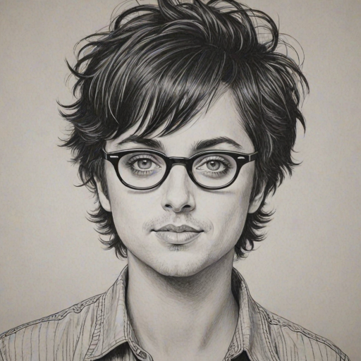 Attractive Billie Joe Armstrong, pencil sketch, portrait of Charming woman 1954s in glasses, hair style beatnik, outline, clear lines, fine lines, 8k