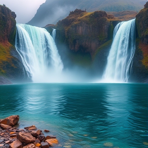 Create a high-resolution image of a majestic waterfall scene with two waterfalls cascading into a tranquil lake, surrounded by rocky cliffs and mist, using a DSLR camera at f/8 aperture, 1/125 sec shutter speed, ISO 100, in landscape orientation, with a focus on vibrant colors and sharp details.