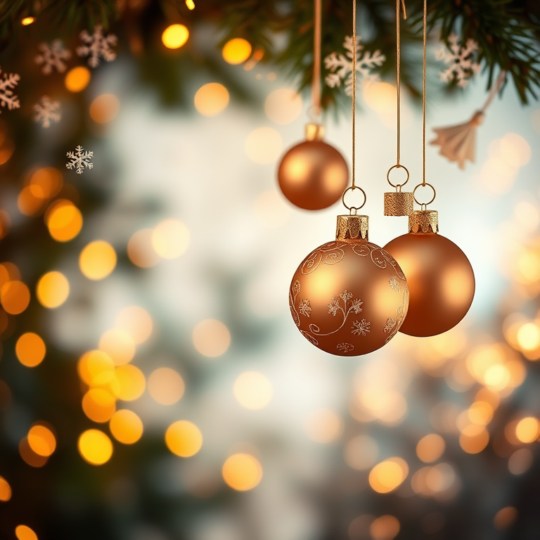 Generate a festive background featuring softly glowing golden lights, delicate white snowflakes, and elegant Christmas ornaments. The scene should evoke a warm and magical holiday atmosphere, with a gentle bokeh effect to enhance the dreamy quality. Include a mix of ornament shapes and sizes, suspended in a graceful arrangement.