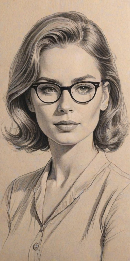 Elegant Maroon 5, pencil sketch, portrait of Fetching woman 1941s in glasses, hair style beatnik, outline, clear lines, fine lines, 8k