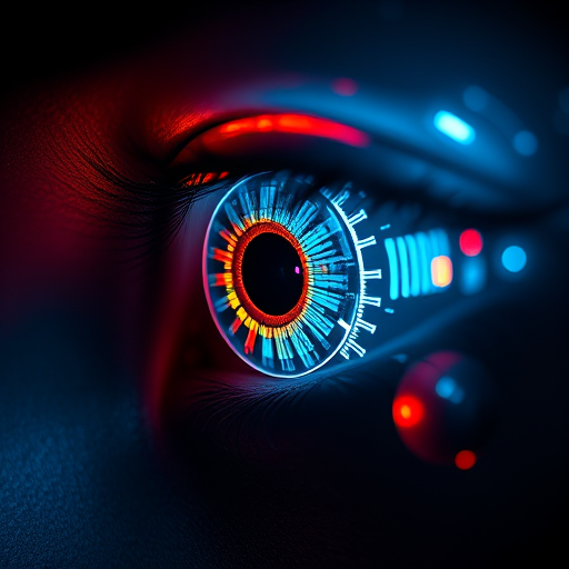 A close-up of a futuristic, digital eye with glowing colors and intricate circuitry, captured with a Canon EOS R5, 50mm lens, f/1.8 aperture, ISO 100, 1/200 sec exposure, in a dark environment with studio lighting to enhance detail and contrast.