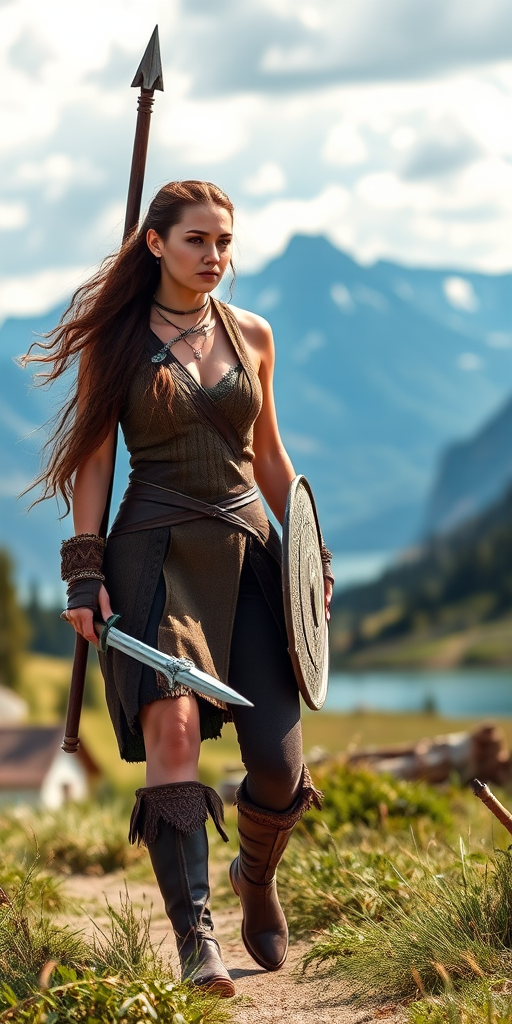 Generate an image of a Viking warrior woman walking through a scenic landscape with mountains and a lake in the background, using a DSLR camera with a 50mm lens, f/1.8 aperture, ISO 100, with a shallow depth of field to enhance the subject, natural lighting, and a slightly low angle for a powerful perspective.