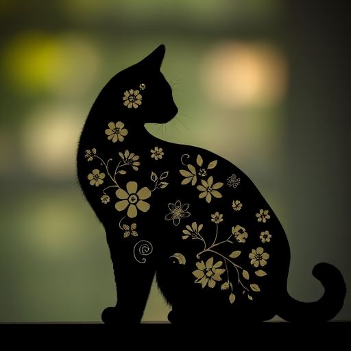 Create a silhouette of a cat adorned with floral designs, using a Canon EOS 5D Mark IV camera, ISO 100, aperture f/4, shutter speed 1/200s, taken from a side view with a soft focus background for enhanced image quality.