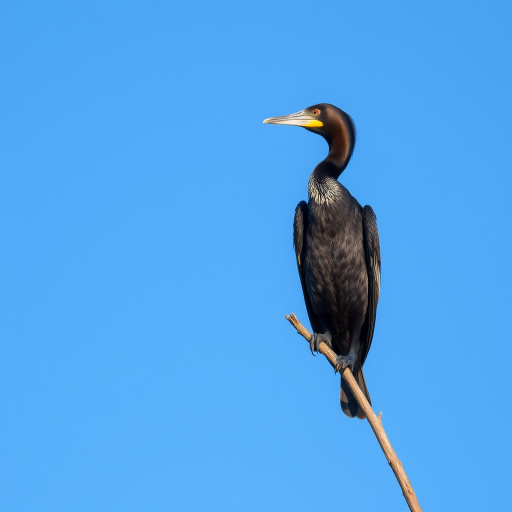 capture a cormorant perched on a branch against a clear blue sky, with a Canon EOS R5 camera, 100mm lens, f/4 aperture, ISO 200, 1/1000 sec shutter speed, natural light, sharp focus on the bird with a slightly blurred background