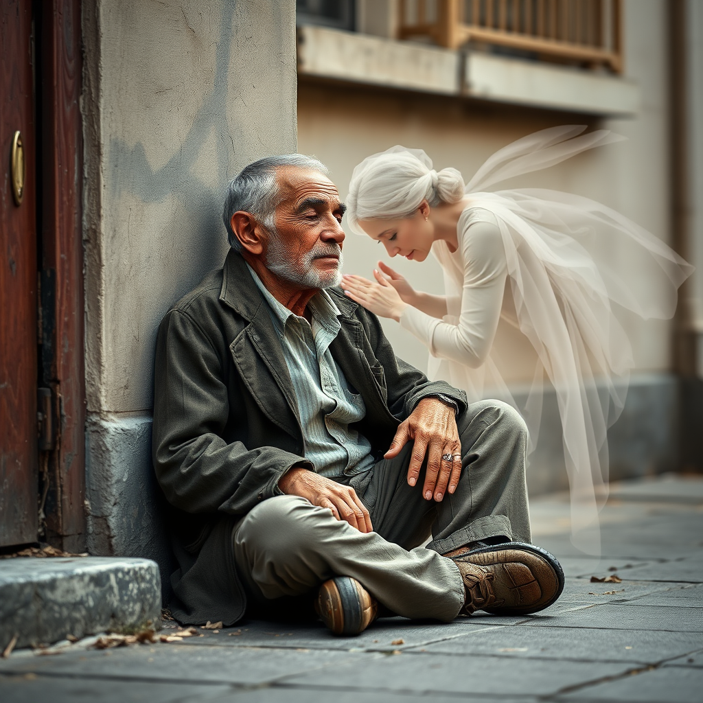 beautifully weathered old homeless veteran sitting on the ground slumping against the wall of a building with his eyes closed. there is an Ethereal, translucent figure of a beautiful elderly woman comforting him
