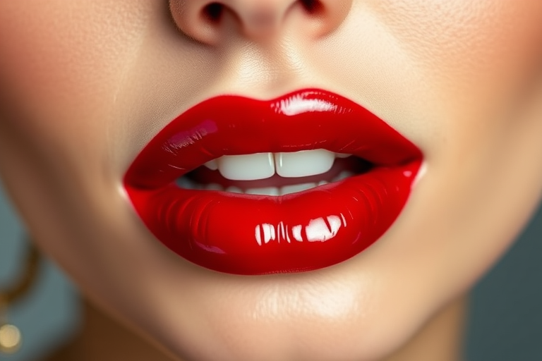 Glossy cherry red lips with a vinyl shine, named "Classic Glam," exude timeless elegance and feature a non-sticky formula for comfortable wear