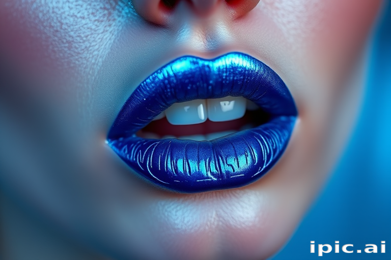 Electric blue liquid lipstick "Neon Frost" with metallic finish and cool undertones, ideal for avant-garde makeup and bold statements, long-wearing and non-drying formula