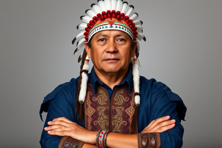 Create a dignified portrait of a Native American man dressed in traditional attire. He wears a beautifully crafted headdress adorned with white feathers and red beads, along with a beaded headband featuring intricate patterns. His clothing includes a deep blue, patterned shirt and a traditional chest piece with detailed beadwork. His arms are crossed, displaying leather armbands decorated with feathers. The background is simple and neutral, emphasizing his proud and stoic expression. The overall image captures the rich cultural heritage and strength of his persona.