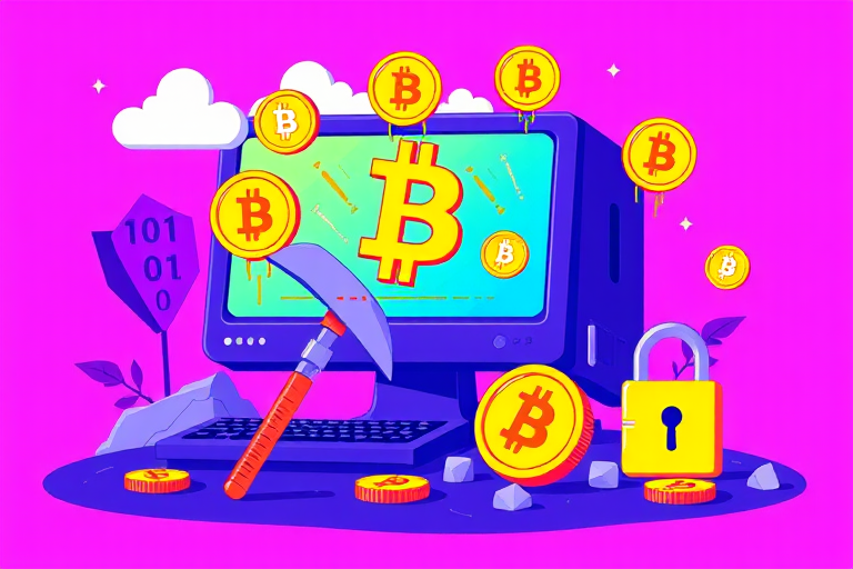 Create a digital illustration depicting cryptocurrency mining, featuring a computer, Bitcoin symbols, a mining pickaxe, cloud storage, binary code, and a secure lock, with vibrant colors and a purple background, shot with a Canon EOS R5, 50mm lens, f/1.8 aperture, ISO 100, in a bright, high-contrast style.