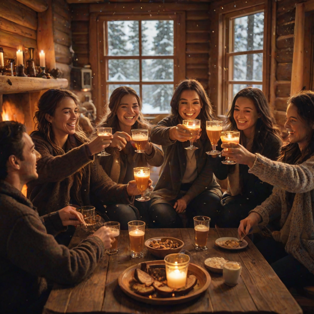 Warmly lit photo of a group of friends toasting drinks in a cozy cabin, soft golden light from the fireplace illuminating their faces, with snow gently falling outside the large windows.