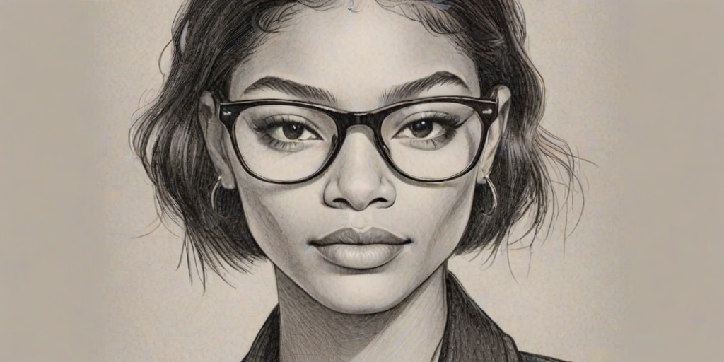 Sublime Chanel Iman, pencil sketch, portrait of Sublime woman 1927s in glasses, hair style beatnik, outline, clear lines, fine lines, 8k