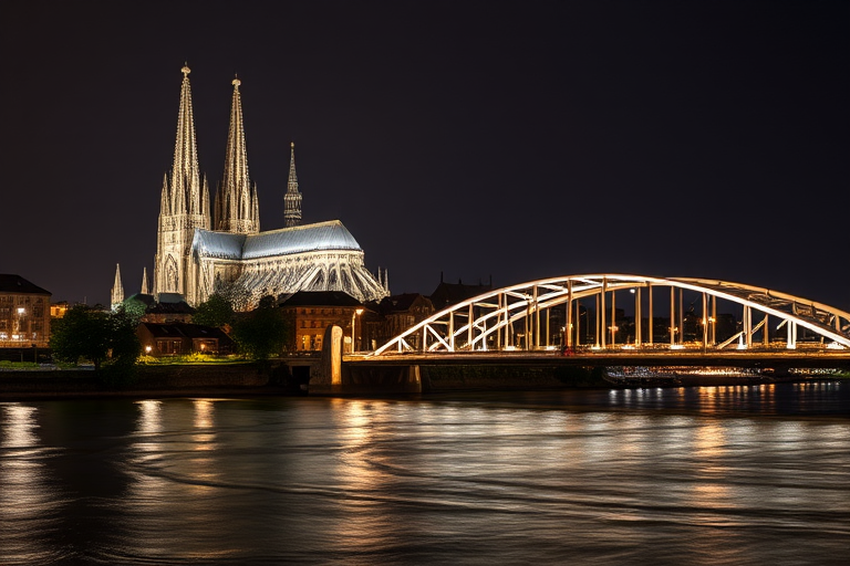 Capture a nighttime view of the Cologne Cathedral and Hohenzollern Bridge illuminated over the Rhine River, using a DSLR camera with a 24mm lens, aperture f/8, ISO 200, shutter speed 5 seconds, and a tripod for stability to enhance image clarity and detail.
