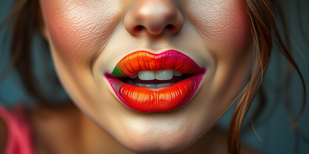Whimsical woman lips painted with rainbow gradient, full face capture embodying creativity and free-spirited nature