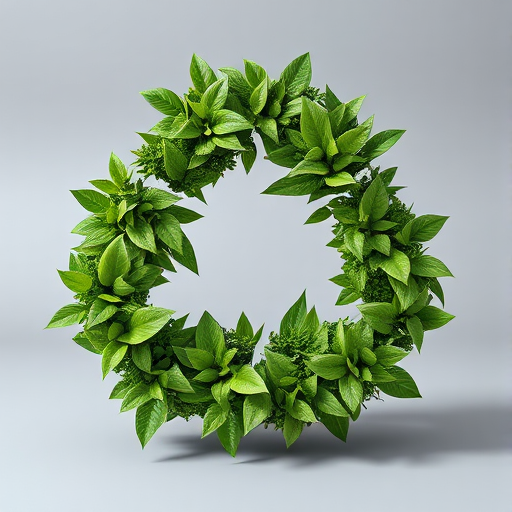 Create an image of a 3D recycling symbol filled with lush green leaves and plants, with a soft gray background, using a DSLR camera at f/2.8 aperture, 50mm lens, in a studio lighting setup, and maintain a slight shadow beneath the symbol for depth.