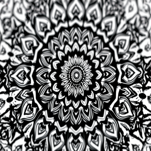 Create a highly detailed black and white mandala illustration with intricate patterns and symmetrical designs, photographed with a DSLR camera, aperture f/8, shutter speed 1/60 sec, ISO 100, and a macro lens for enhanced clarity and depth of field.