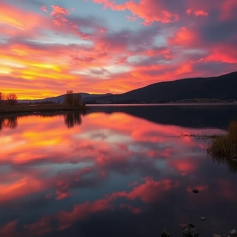 Create an image of a scenic landscape at sunset, with vibrant colors in the sky reflected on a calm lake, shot with a Canon EOS 5D Mark IV using a 24-70mm lens, aperture f/8, ISO 100, 1/125 sec, in landscape orientation for enhanced detail and clarity.